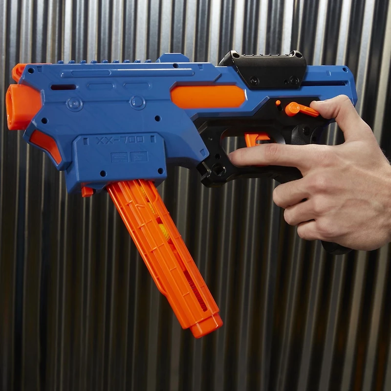 Blaster Nerf Rival Finisher XX-700, chargeur à remplissage rapide, mécanisme à ressort, 7 billes en mousse Nerf Rival officielles, équipe bleue
