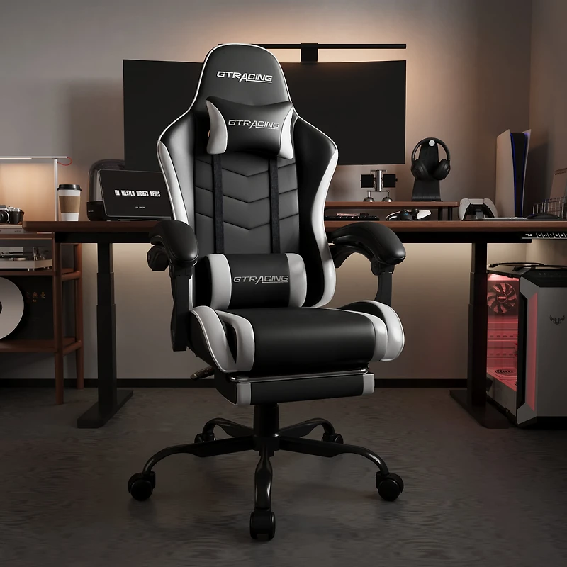 Chaise de jeu ergonomique GTRACING GTWD-200 avec coussins réglables et repose-pieds Chaise de jeu avec repose-pieds rétractable
