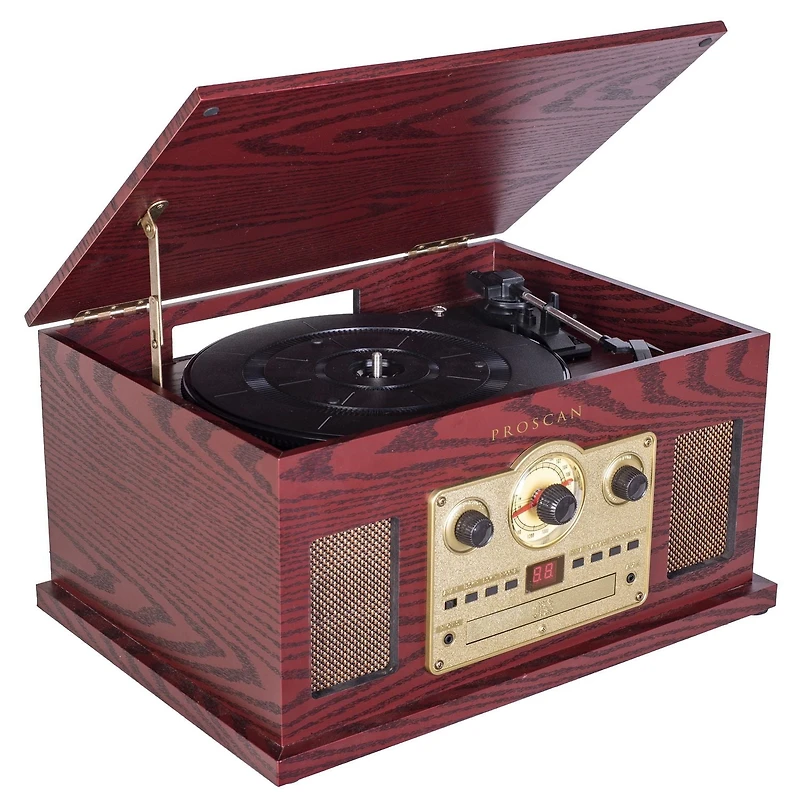 Tourne-disque Bluetooth nostalgique 6-en-1 de Proscan avec CD, cassette, AUX et radio AM/FM - Marron