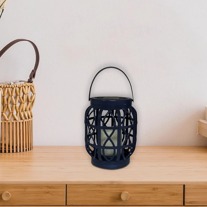 LED Solar Basket Weave Lantern With Faux Candle Black