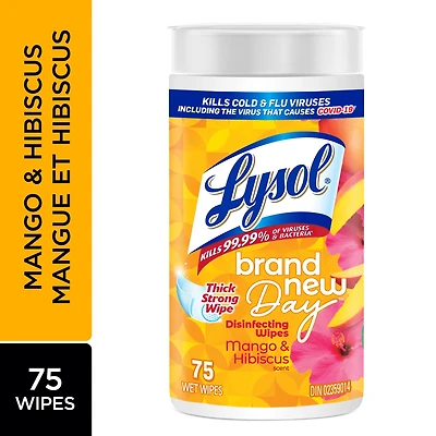 Lysol Lingettes désinfectantes, mangue hibiscus, lingette épaisse et forte, tue 99,99 % des virus et bactéries 75 ct