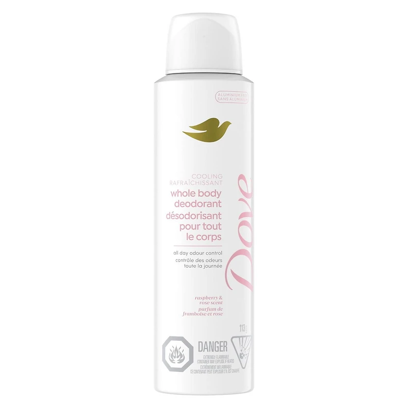 Dove Whole Body Deodorant Aluminum Free, Cooling Dry Spray Raspberry & Rose Scent