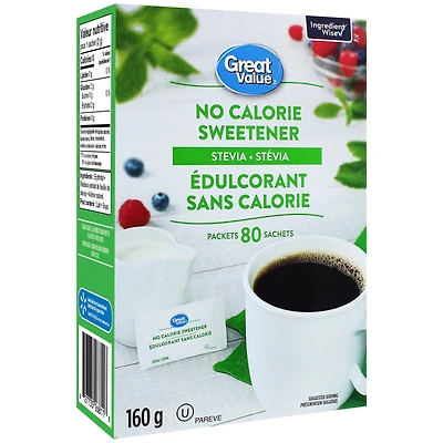 Édulcorant sans calorie au stévia Great Value 160 g (80 sachets)