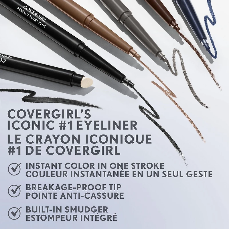 Covergirl - Perfect Point Plus Eye Pencil, micro-fine point, precise line, built-in smudger tip for a softer, smokier look, 100% Cruelty-Free, Built in smudger