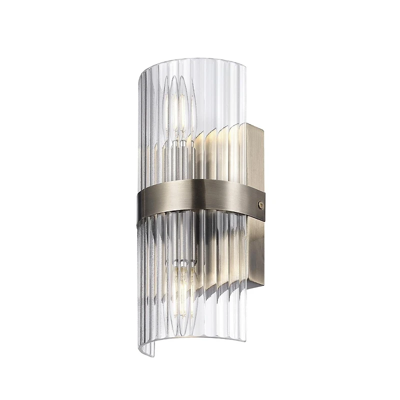 2-Light Matte Brass Wall Sconce with Ribbed Glass Shade