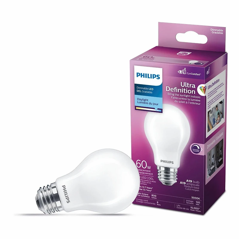 Philips UltraDefinition Ampoule à économie d'énergie LED A19 E26 60W, Dimmable Daylight (5000K) PHILIPS DEL 60W A19 DL