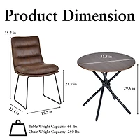Ensemble salle à manger industriel Homy Casa avec chaises en similicuir, table espresso ronde pour 2 personnes et pieds luge, coin repas compact pour cuisine ou appartement, brun