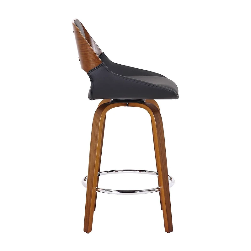 Tabouret de Comptoir, 26 po, avec Siège Pivotant Milieu du Siècle Moderne en Similicuir et Bois - Noir et Noyer
