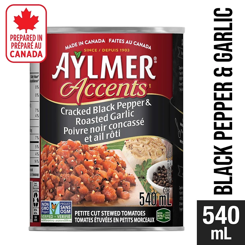 Aylmer Accents Cracked Black Pepper and Roasted Garlic Stewed Tomatoes, 540 ml