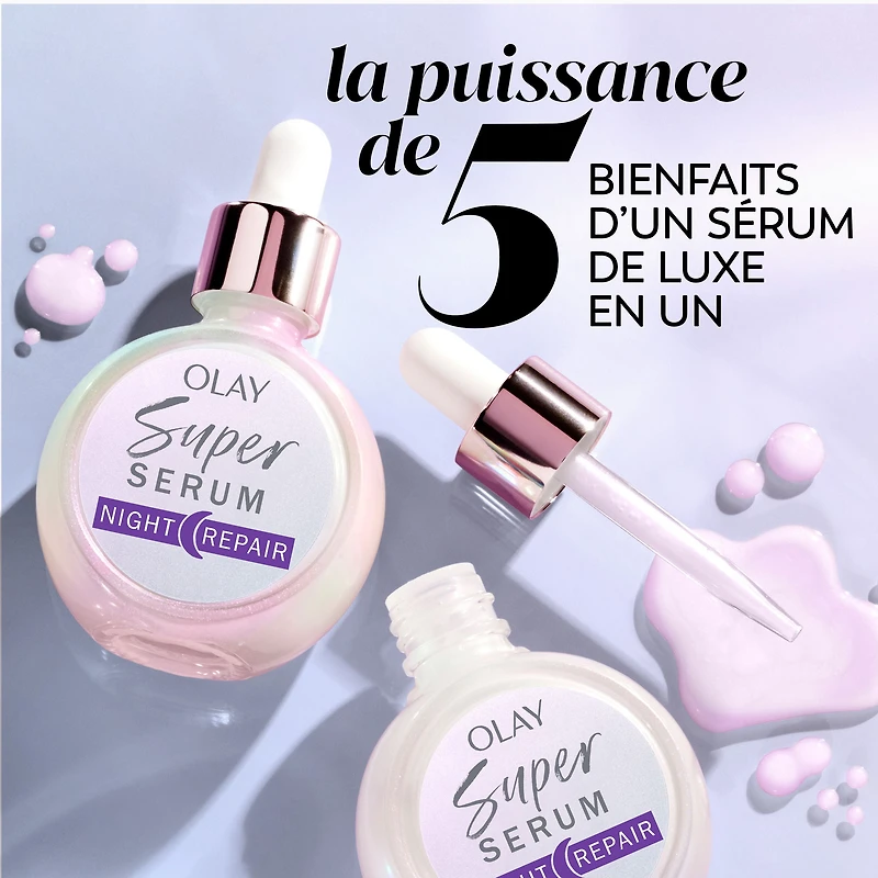 Super sérum réparateur de nuit 5 en 1 de Olay Sérum léger renouvelant pour le visage  Soin de la peau correcteur de rides avec acide salicylique, niacinamide, acide lactique, glycérine, peptide 50ML