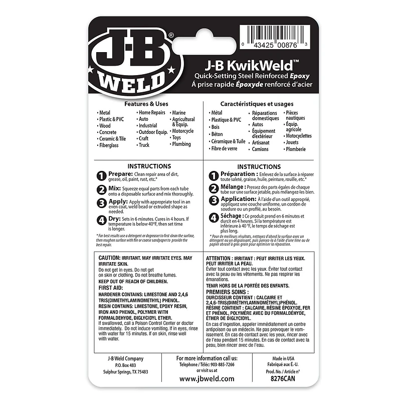 J-B Weld KwikWeld Époxy à prise rapide Époxy bicomposant à prise rapide