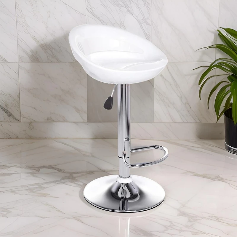 Heavenly Collection White Round Stool, White Adjustable Stool, White Plastic Stool, White Shiny Stool with Stainless Steel Base, White Low Back Stool with Footrest, Plastic Stool, Kitchen Stool, Islan