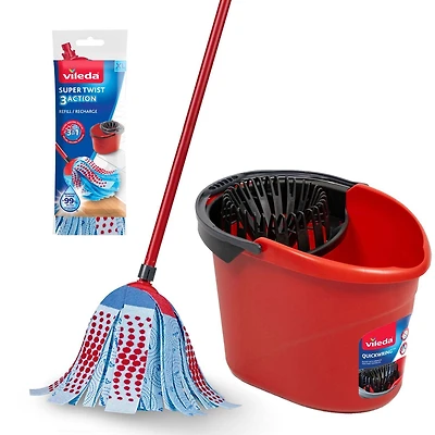 Vileda SuperTwist 3Action Vadrouille & Système de Seau QuickWring avec 1 Recharge de Vadrouille Supplémentaire