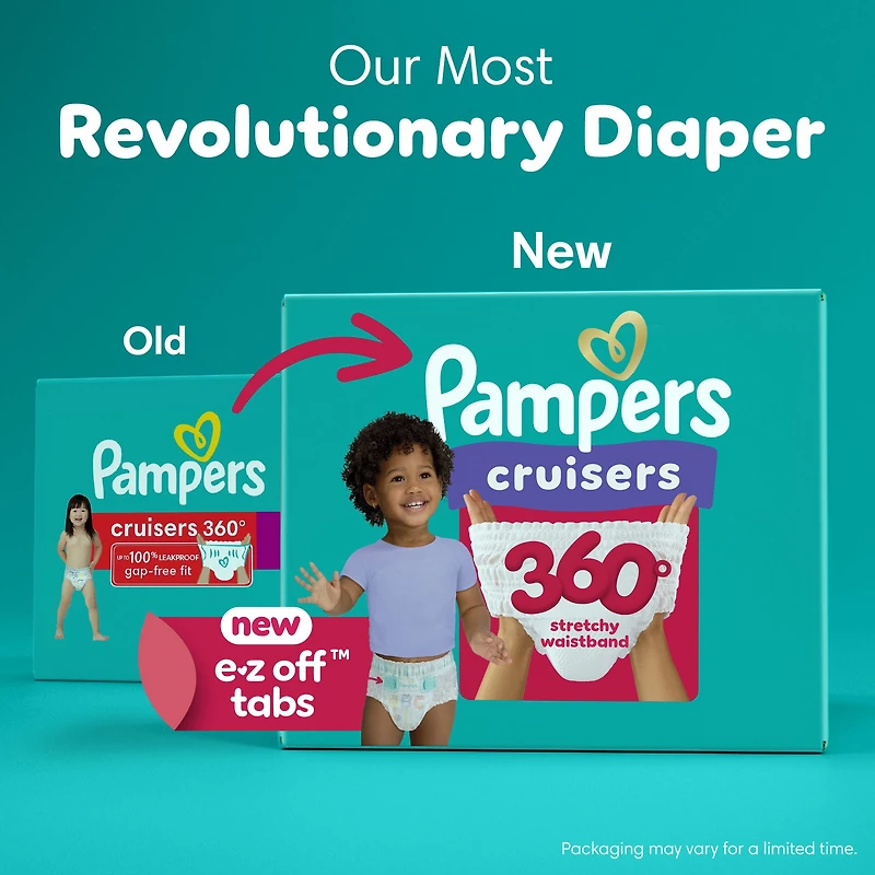 Couches Pampers Cruisers 360°, ajustement jusqu’à 100 % sans fuites, conçues pour les bébés actifs, couche à enfiler, rabats rapides conçus pour faciliter les changements, taille 4, 21 unités