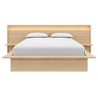 Monroe Queen Size Bedroom Set with Slatted Bedframe, Wide Headboard with Lights and Shelves