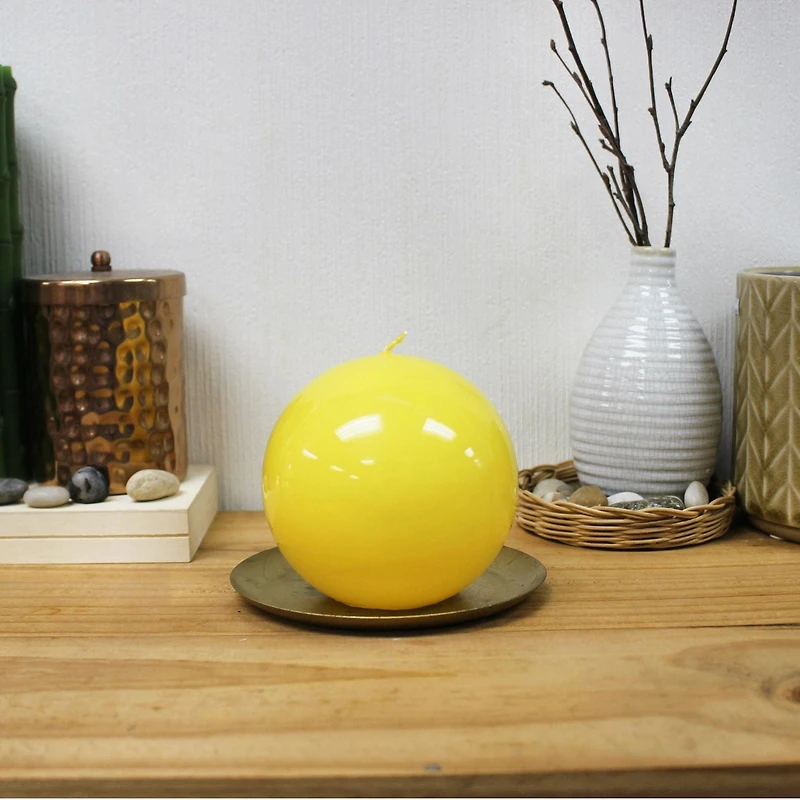 Unscented High Gloss Yellow Ball Candle, 4"Dia x 4”H