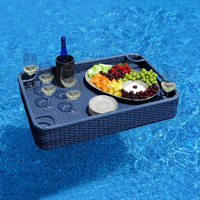Sunjoy Wicker Floating Pool Tray 36''x24'',Aluminum Frame Pool Accessory Tray for Drinks, Snacks, and Essentials,Navy