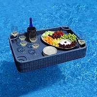 Sunjoy Wicker Floating Pool Tray 36''x24'',Aluminum Frame Pool Accessory Tray for Drinks, Snacks, and Essentials,Navy