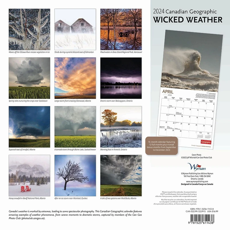 Wyman Publishing Météo Capricieuse par Canadian Geographic 2024 30.48x60.96 CM Mur Carré Calendrier, 9781525611438