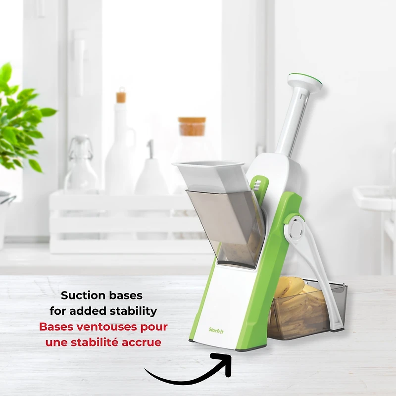 Starfrit Pump'n'Slice, Vertical Mandoline, Food Chopper, Slicer, Safe Enclosed Blades, Folds for Storage, Cleaning Tool -2-in-1, Starfrit Pump'N'Slice lets you quickly slice fruits and veggies with a simple pump. Adjustable stainless steel blades cut evenly from 0.5 to 8 mm. Safe enclosed blades, compact design with foldable feet, and dishwasher-safe parts make prep and cleanup easy.