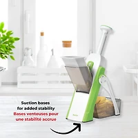 Starfrit Pump'n'Slice, Vertical Mandoline, Food Chopper, Slicer, Safe Enclosed Blades, Folds for Storage, Cleaning Tool -2-in-1, Starfrit Pump'N'Slice lets you quickly slice fruits and veggies with a simple pump. Adjustable stainless steel blades cut evenly from 0.5 to 8 mm. Safe enclosed blades, compact design with foldable feet, and dishwasher-safe parts make prep and cleanup easy.