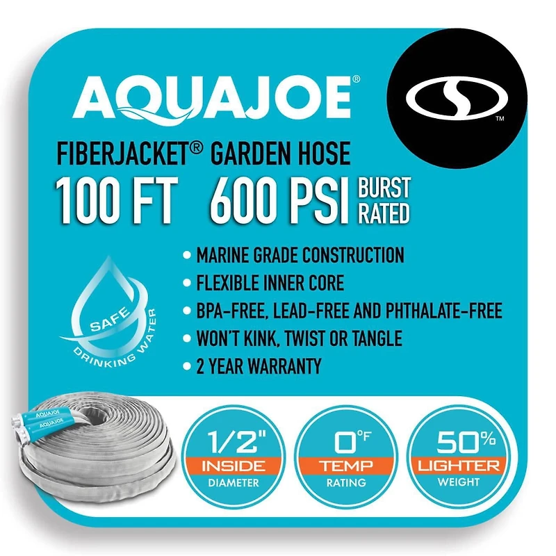 Tuyau d'arrosage anti-pliage Aqua Joe FiberJacket de 100 pieds et 5/8 po