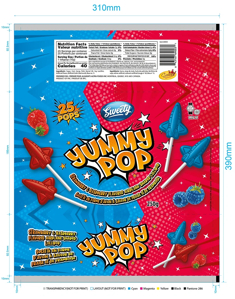L- POP AIRPLN SHAPE - FRENCH L- Pops -Fraise et framboise en forme d'avion 25pk