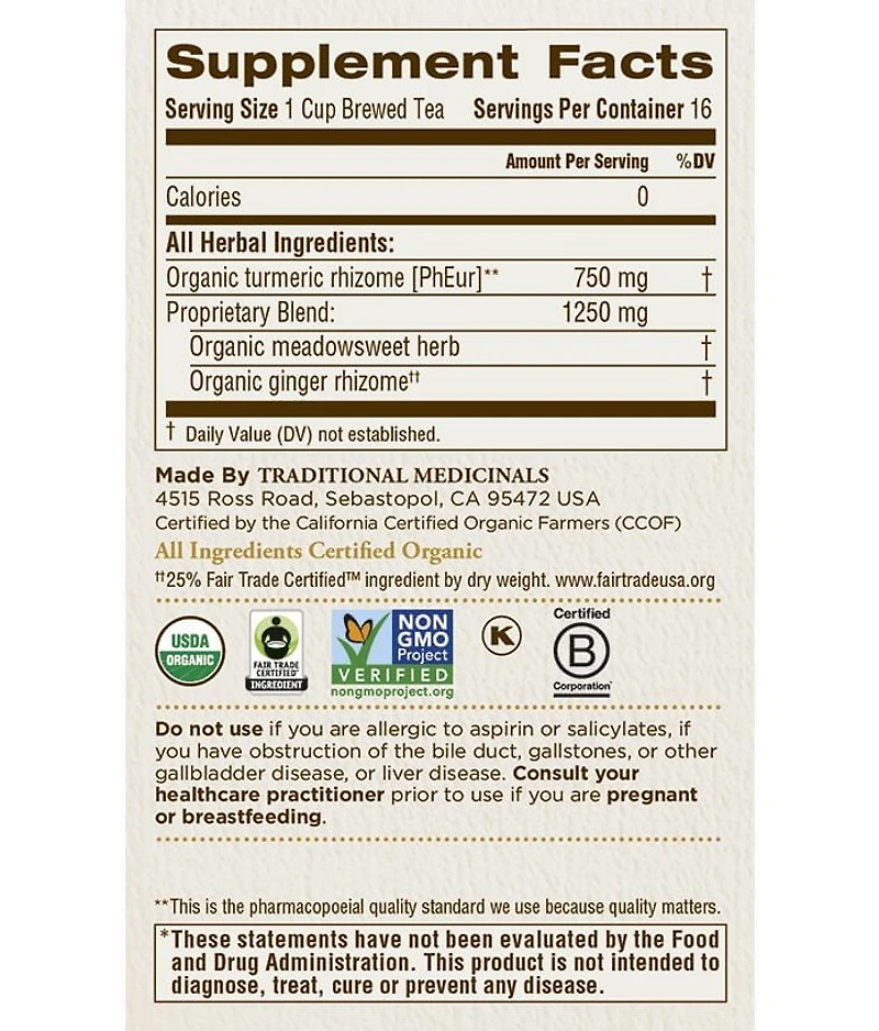 Traditional Medicinals Curcuma Biologique avec Reine-des-Prés & Gingembre