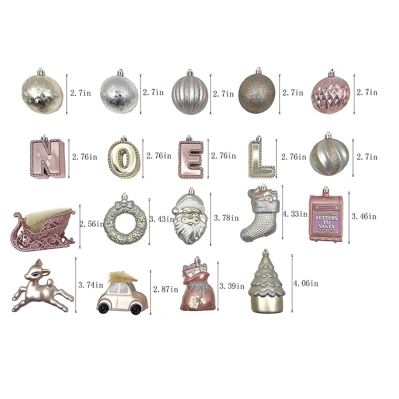 Holiday Time 50-Count Iconic Symbols of Christmas Shatterproof Christmas Ornaments, Silver/Pink/Gold