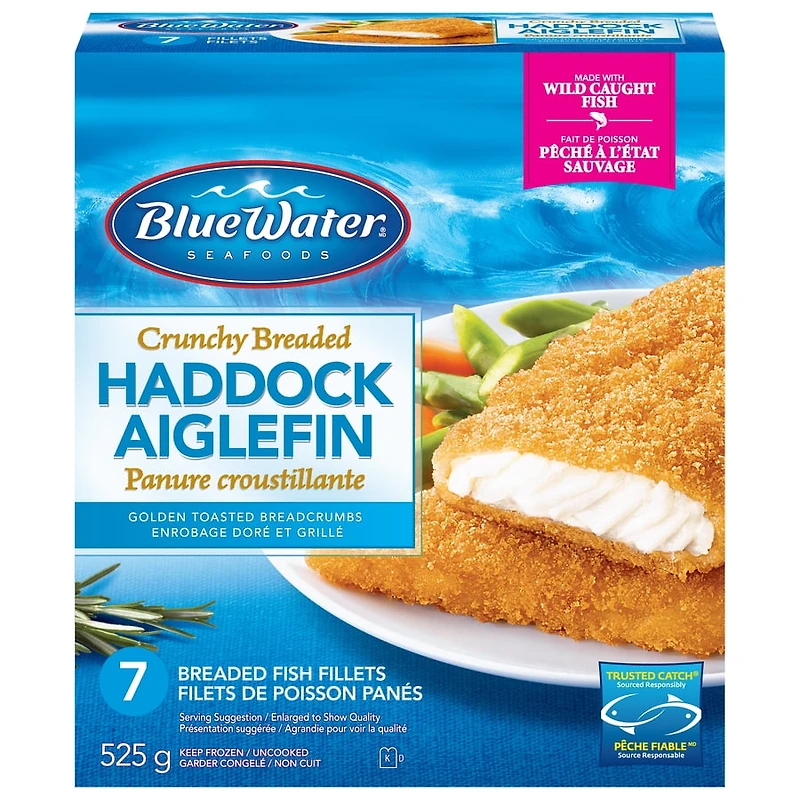 BlueWater Seafoods Crunchy Breaded Haddock, Wild Caught Haddock, Frozen, 7 Count, 525 g, Crunchy breaded haddock fillets
