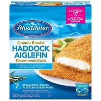 BlueWater Seafoods Crunchy Breaded Haddock, Wild Caught Haddock, Frozen, 7 Count, 525 g, Crunchy breaded haddock fillets