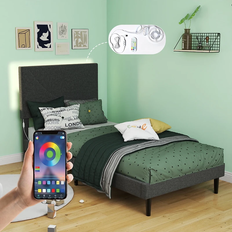 Lit simple rembourré Homy Casa avec éclairage DEL, ports USB et tête de lit rembourrée pour chambre d'enfant, gris