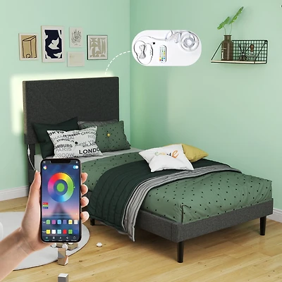 Homy Casa Upholstered Twin Bed with LED Light Strip and Charging Ports for Kids or Teens Room, Grey