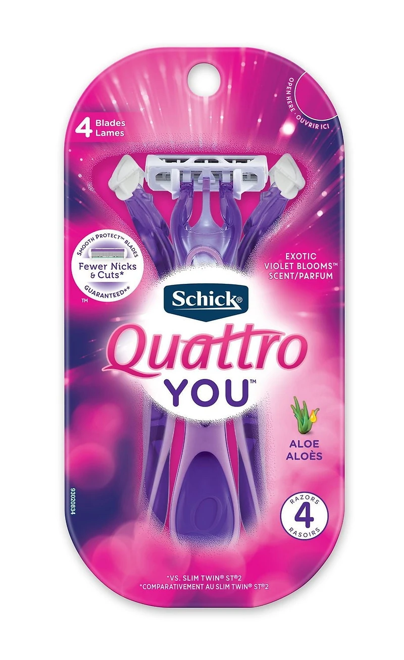 Rasoirs jetables Quattro YOU de Schick à parfum d'Exotic Violet BloomsMC avec manches parfumés