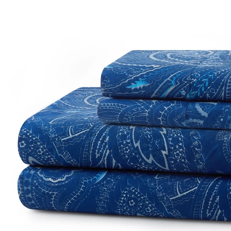 Marina Decoration Printed 600 Thread Count Soft Deep Pocket Hotel Standard Long Staple Cotton Blend Percale All Season Bedding Sheet Set, Navy Blue Paisley Pattern