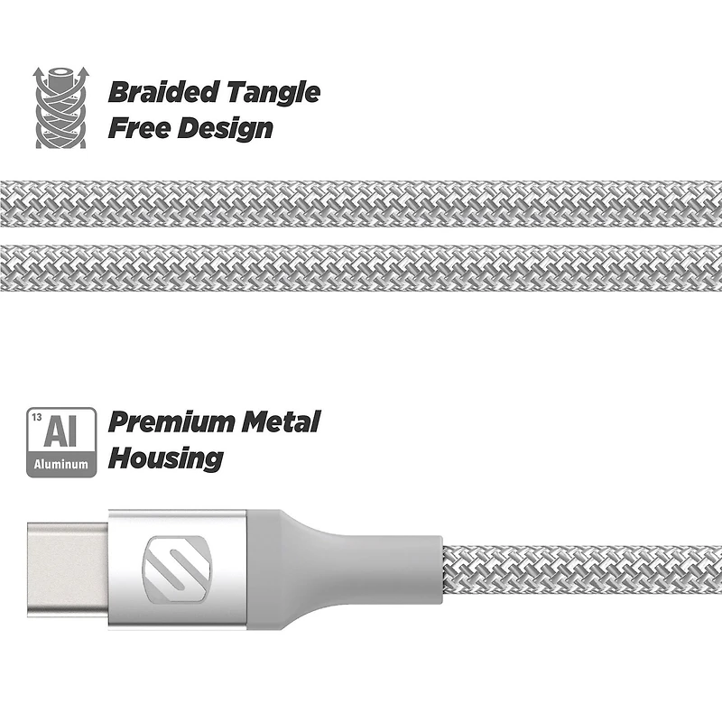 Scosche Strikeline Câble de charge et de synchronisation Lightning USB-C tressé de qualité supérieure 8 pieds Recharge haut débit