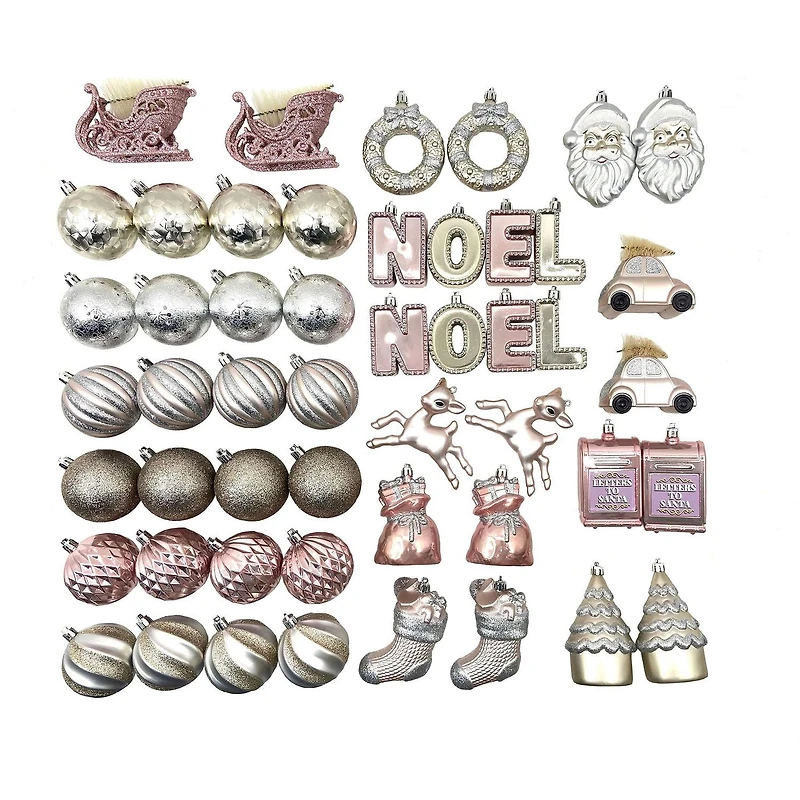 Holiday Time 50-Count Iconic Symbols of Christmas Shatterproof Christmas Ornaments, Silver/Pink/Gold