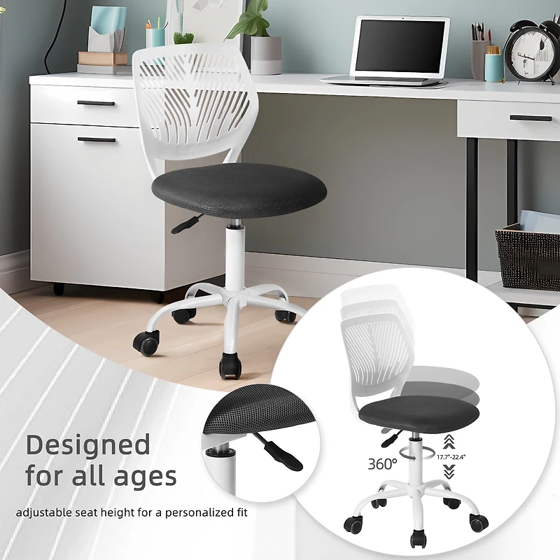 Chaise de bureau ergonomique pour enfant Homy Casa avec roulettes pivotantes et réglables en hauteur, structure robuste, tissu en maille noire