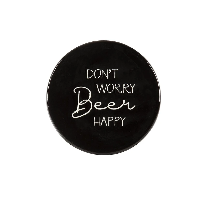 Linden Porcelain 4 Piece Coaster Set with Black Finish, Assorted Sayings, 3.9in Diameter