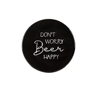 Linden Porcelain 4 Piece Coaster Set with Black Finish, Assorted Sayings, 3.9in Diameter