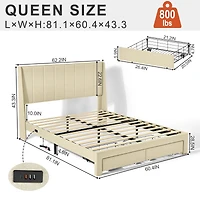 Lit plateforme rembourré Homy Casa avec ports USB et tiroirs de rangement, Queen, beige
