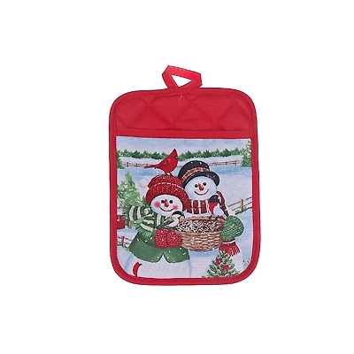 Christmas Pot Holder With Pocket Snowman Couple - Set of 4