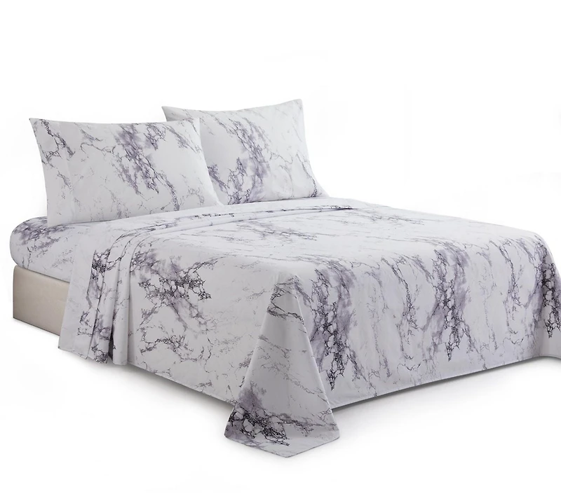 Marina Decoration Printed 600 Thread Count Soft Deep Pocket Hotel Standard Long Staple Cotton Blend Percale All Season Bedding Sheet Set, White Marble Pattern