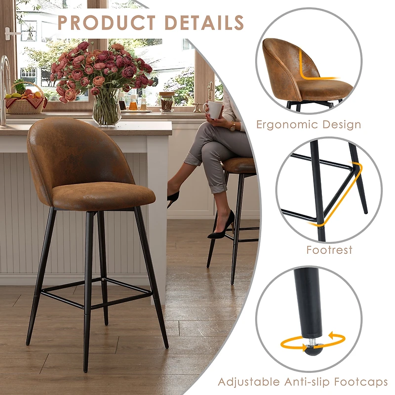 Homy Casa Modern Set of 4 Swivel Bar Stool, Comfortable 360 Degree Upholstered Seat, Stylish Faux Suede with Black Legs, Brown