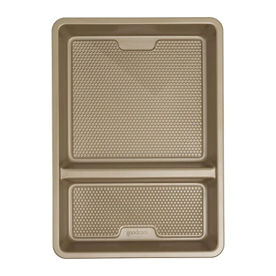 GoodCook BestBake MultiMeal Nonstick Diamond Textured Heavy Gauge Carbon Steel Divided Oblong Pan with Sidewall Indicators to customize recipes, 9" x 13", Bronze, GC BESTBAKE MULTIMEAL OBLONG 9x13IN