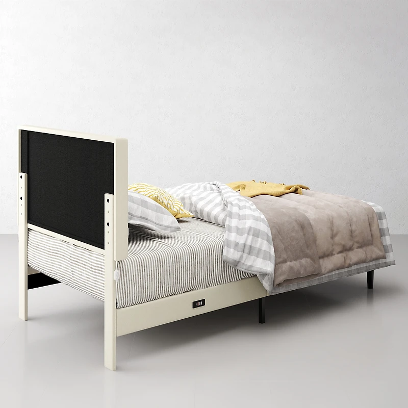 Lit simple rembourré Homy Casa avec éclairage DEL, ports USB et tête de lit rembourrée pour chambre d'enfant, beige