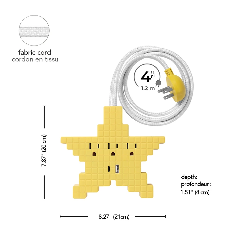 GLOBE 3-Outlet Yellow Pixel Star Flat Plug Indoor Power Strip with 1x USB-A 1x USB-C Charging Ports (15.5 combined)