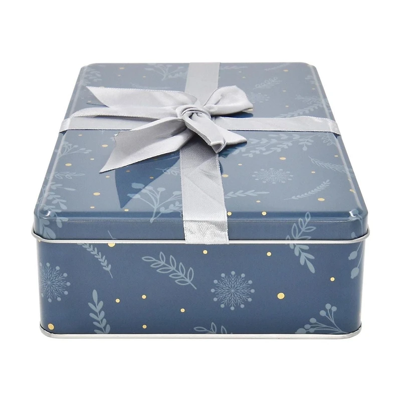 Boîte cadeau rectangulaire en étain avec nœud botanique bleu de Noël Holiday Time, grande taille, 10,2 x 6,3 x 2,5 pouces, 1 unité