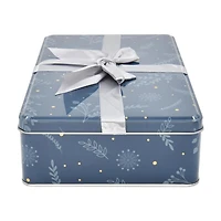 Boîte cadeau rectangulaire en étain avec nœud botanique bleu de Noël Holiday Time, grande taille, 10,2 x 6,3 x 2,5 pouces, 1 unité