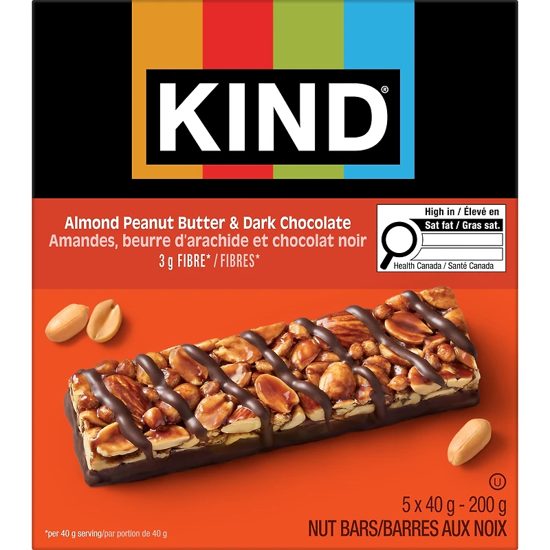 KIND Amandes, Beurre d'Arachide et Chocolat Noir, 40g, 5 Barres